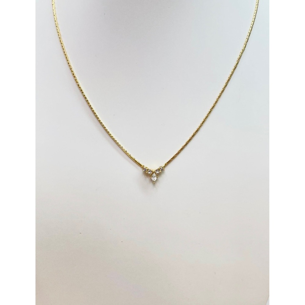 Christian Dior Vintage Gold Tone Crystal V Pendant Necklace Marquise Accent